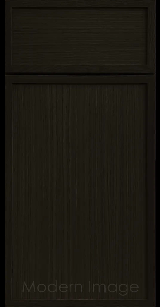 Close-up of a Onyx Stain Arcadia shaker-style cabinet door, featuring slim stile & rail surrounding a flat center panel